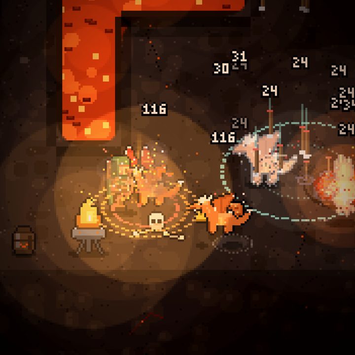 The Archer firing into a pack of monsters next to a lava pool