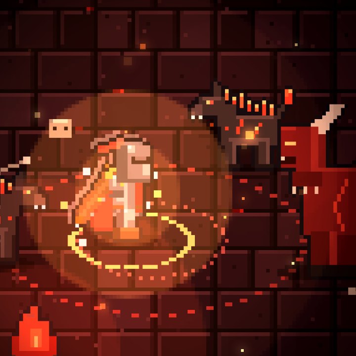 The Warrior charging a strong attack, surrounded by hellhounds and a demon